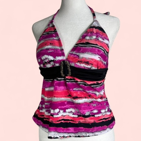 Vintage Y2K Pink/Black Belted Swimsuit Halter Top Bathing Suit Padded - Picture 1 of 6